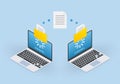 File transfer concept. Two Laptop computers with folders send and upload documents. File copy, data or information exchange design Royalty Free Stock Photo
